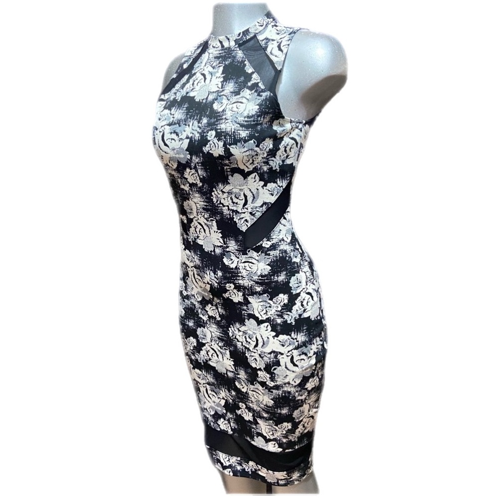 Bodycon Rose Print Floral Dress Sz Small Black/White Monochrome Romantic Elegant